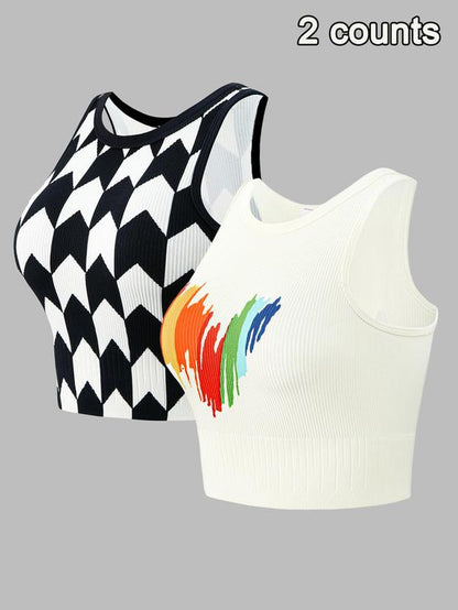 Sporty Women'S All over Print Crew Neck Cropped Sports Vests, Plain Minimalist Casual Comfort round Neck Sleeveless Sports Crop Tank Top, Workout Gym Yoga Exercise Clothing for Women, Womenswear Tops